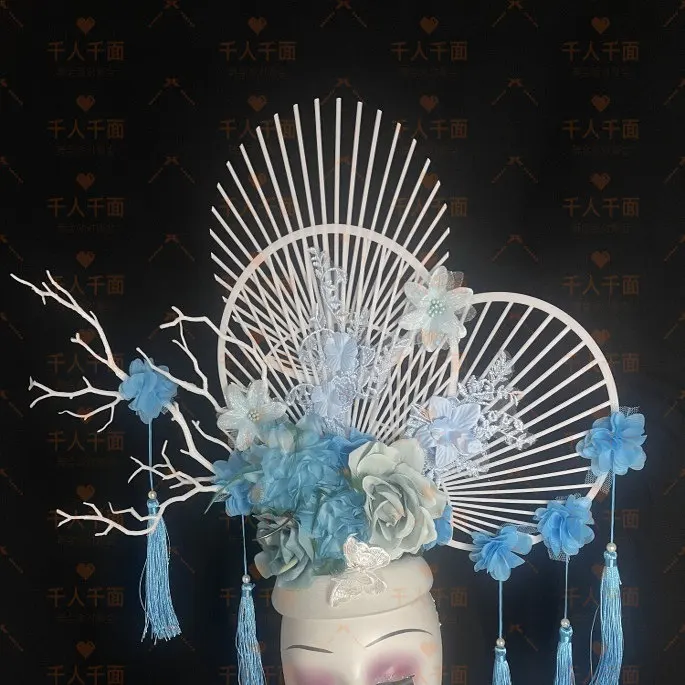 Chinese Style White Flowers Stage Models Fashion Shows Colorful Performances Makeup Styling Personalized Creative Headwear