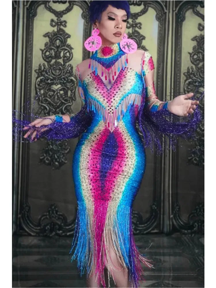 Vestido largo elástico con borlas de colores y diamantes de imitación para mujer, ropa de escenario para cantante de estrellas, baile de graduación, cumpleaños, celebración, traje de club nocturno