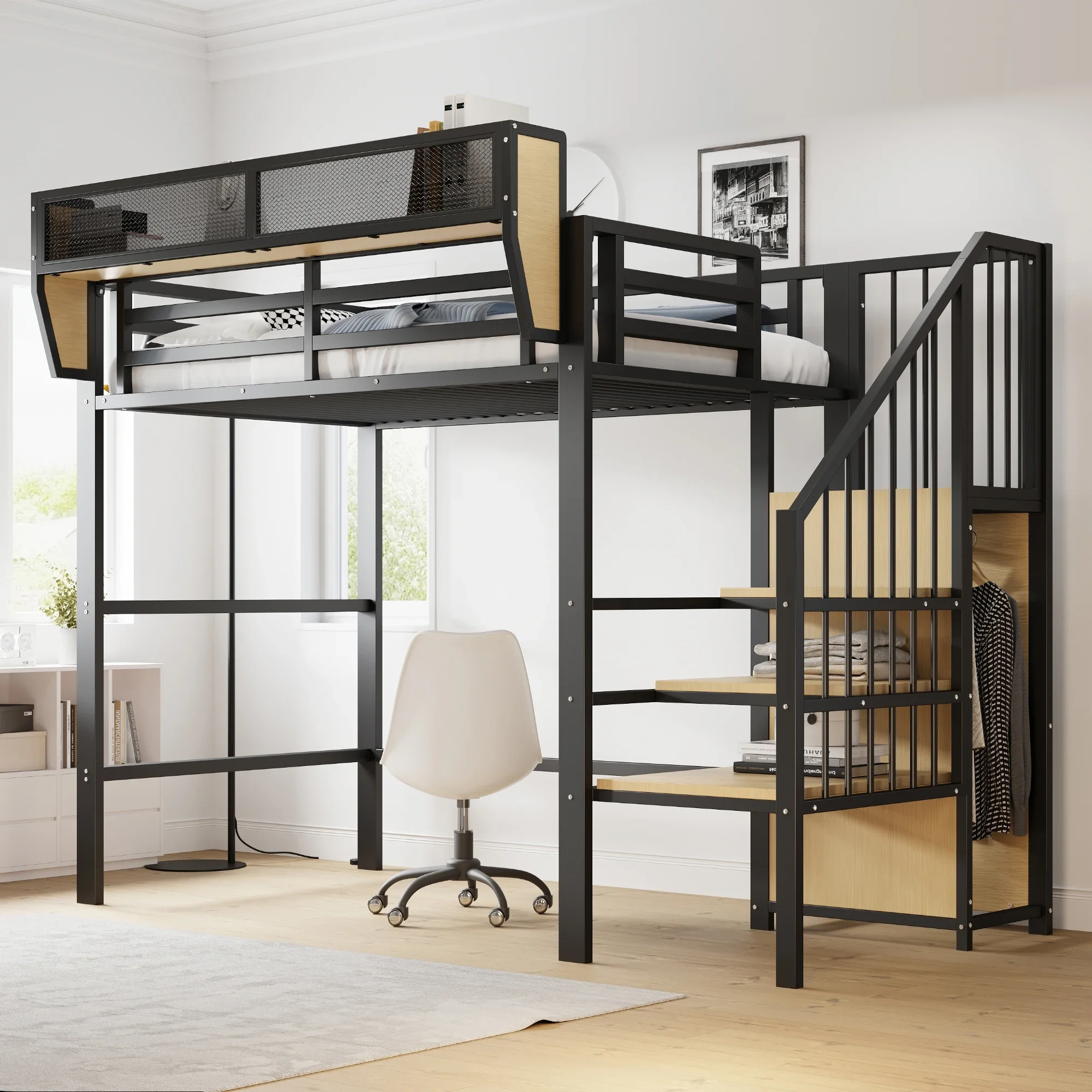 

90x200cm high bed frame, with safety ladder and flexible storage