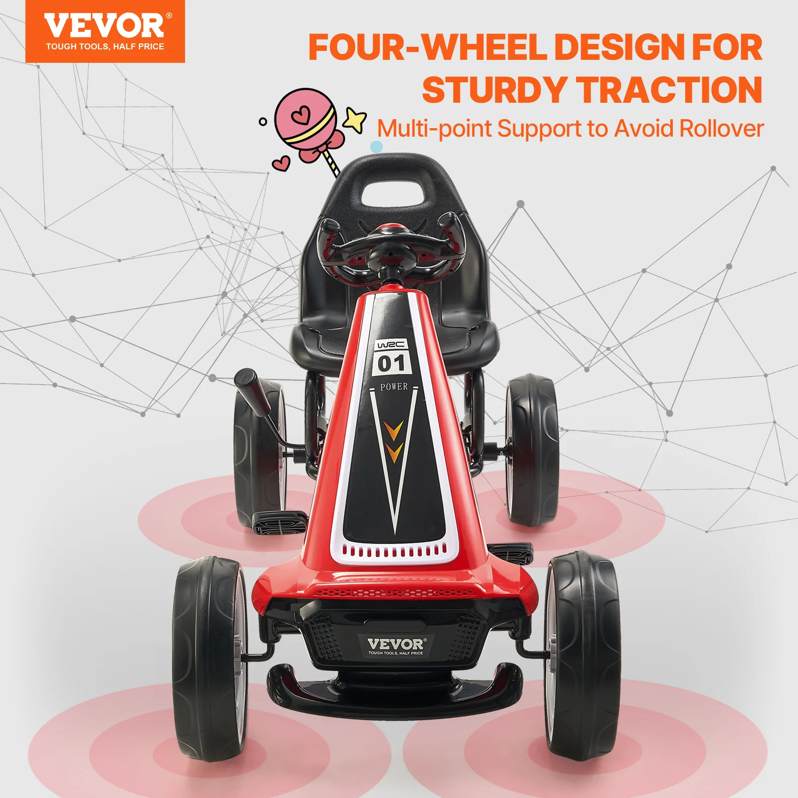 VEVOR Kart à Pédales Enfants 5-12 Ans, Kart Tout-terrain à 4 Roues EVA, avec Siège Réglable, Frein à Main, Jouet de Voiture de Course d'Extérieur, Véhicule à Pédales pour Garçons et Filles, Rouge