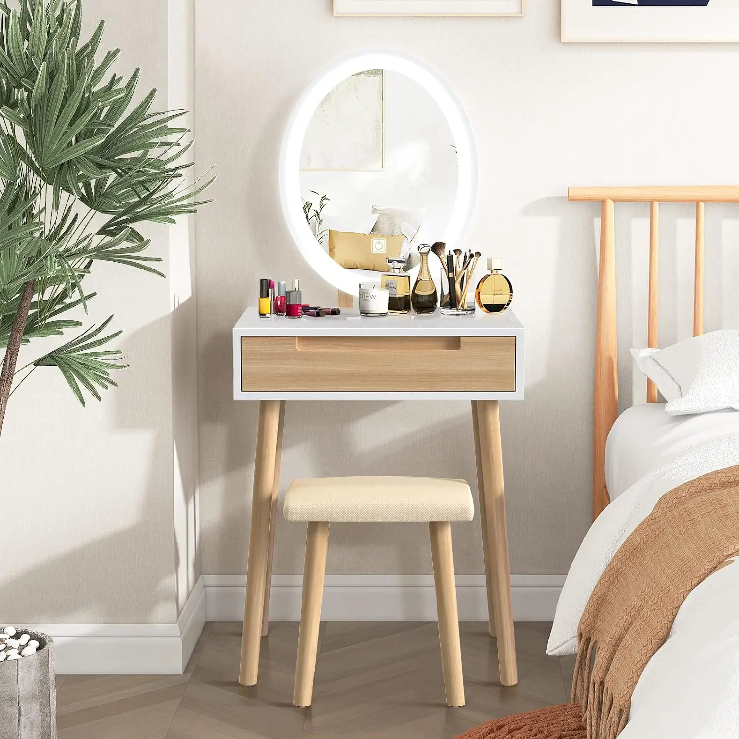 YOURLITE Makeup Vanity Table Set with 3 Modes Adjustable Lighted Mirror Cushioned Stool, Dressing Table for Small Space | 3 Ligh