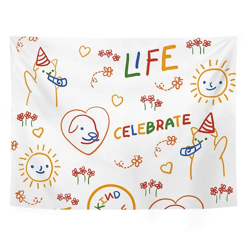VIKAMA Color Sketches Cat Dog Sun Tapestry HD Wear resistant Fabric Living Room Decoration Home Furnishings