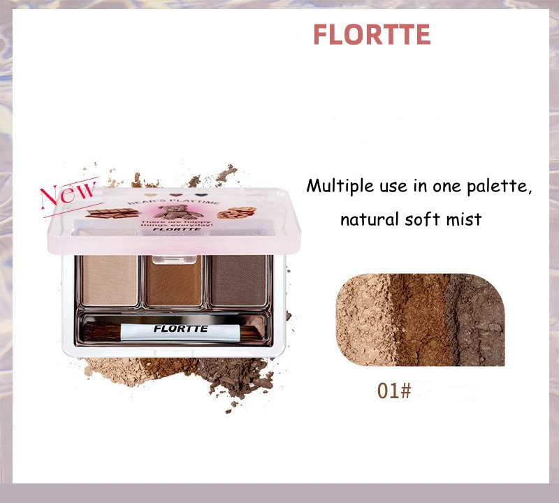 Flortte Beauty 3-color Eyebrow Powder Bear\'s Playtime Waterproof Smudge-proof Longlasting Eyebrow Makeup Cosmetic