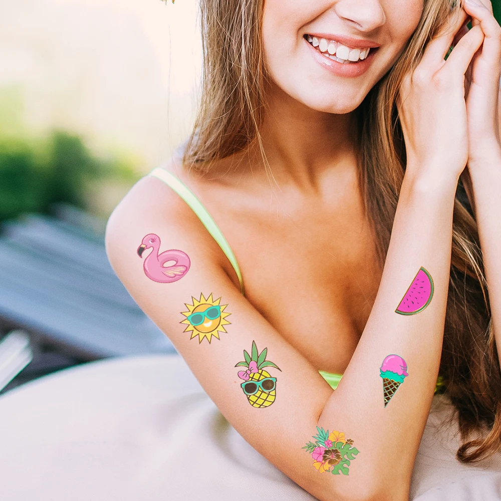 

Hawaii Party Decoration Disposable Temporary Tattoo Stickers Sun Watermelon Flamingo Pattern Creative Dress Up Beach Party