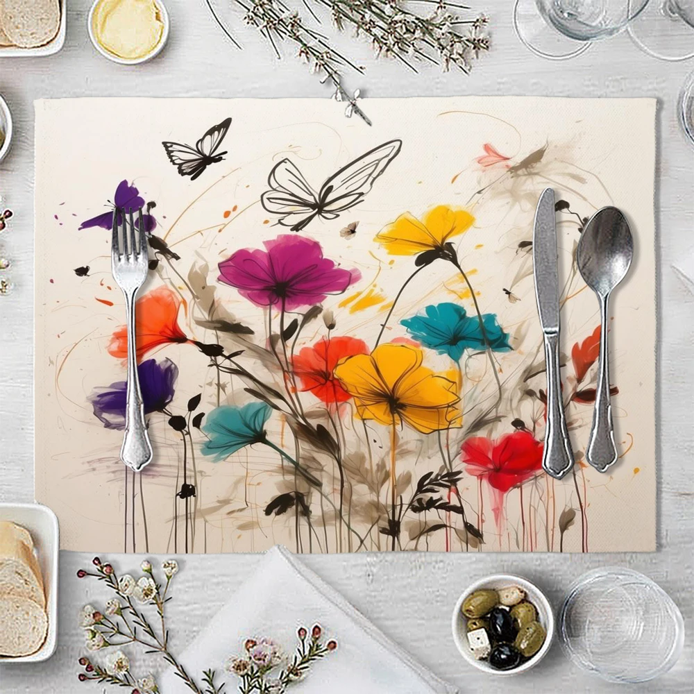 Modern Wild Flowers Leaves Botanical Nature Placemat Linen Fabric Table Mats Family Dinner Tableware Kitchen Table Mat 30X40cm