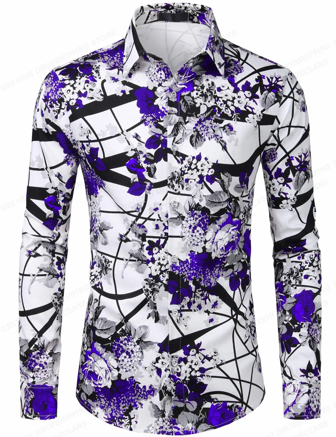 Men's Personalized Design Floral 3D Printed Slim Fit Business Casual Shirt Men's Long-sleeved Lapel Key Outdoor Street Top