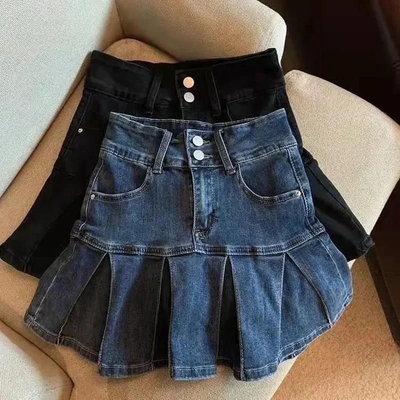 

2024 Spring Autumn Girls Pleated Skirt Baby Denim Skirt Kids Skort Children Fashion Bottoms Ruched Soft 3-14Y Blue Skirt