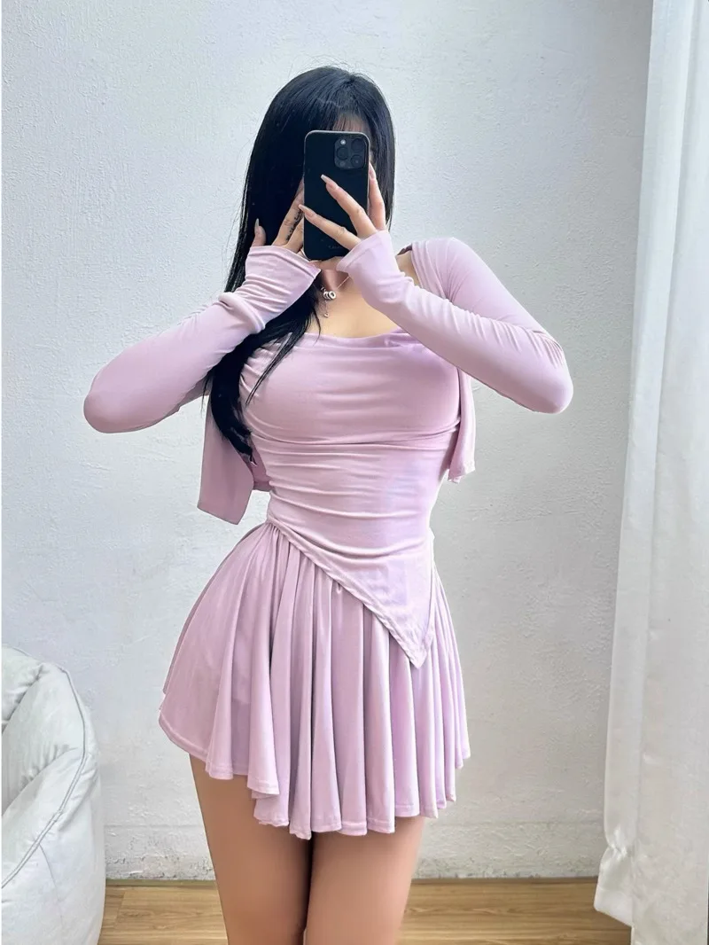 Camisole Pure Desire Slim Small Vest Women Pile Collar Long Sleeved Cardigan Camisole Short Ballet Skirt Three Piece Set LT2J