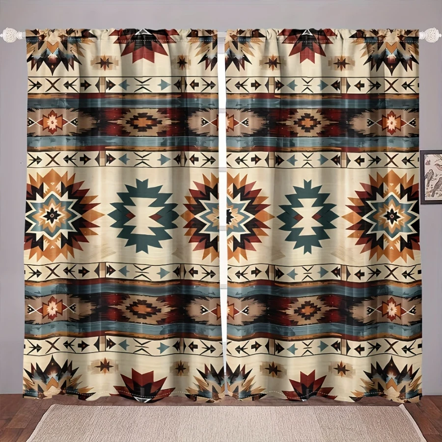 2PCS Digital Print Sheer Curtain, Aztec Geometric Pattern, Rustic Farmhouse Window Treatment Drape for Bedroom Kitchen Decor