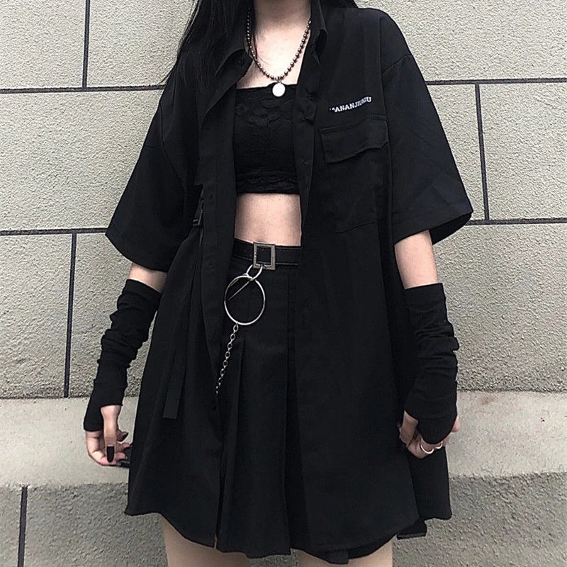 Vintage Loose Solid BF Gothic Two Piece Set Women Summer Casual Korean Button Shirt and Black Pleated A-line Mini Yk2 Skirt