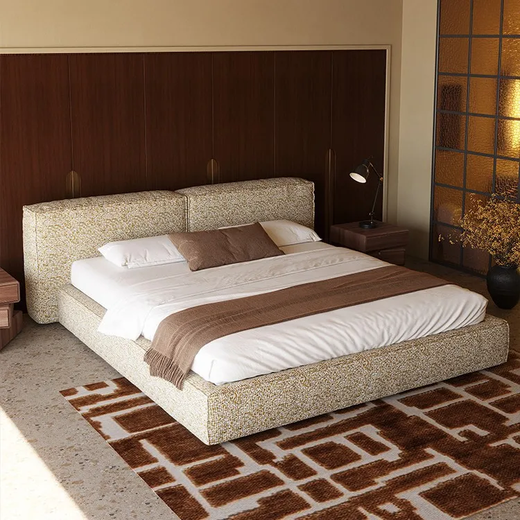 Tofu block fabric bed wabi style modern light luxury high-end tatami cotton and linen double master bedroom wedding bed