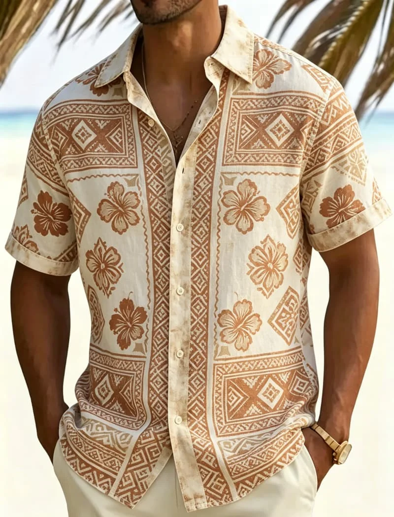 Men's Retro Tribal Tropical Printed Short Sleeved shirt, Suitable For Summer vacations, Party outings, And Daily Wear