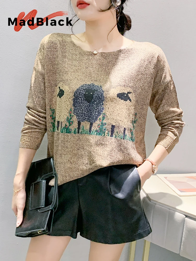 

MadBlack-Women European Clothes Sweaters, Sexy O Neck Printed, Fashion Long Sleeve Warm Loose Knitwear, 2025 Winter New T5N917CC