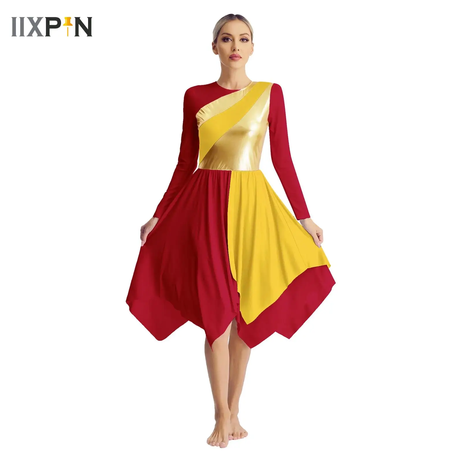 

Womens Church Worship Lyrical Dance Dress Contrast Color Asymmetrical Long Sleeve Dresses Praise Choir Stage Performance Costume