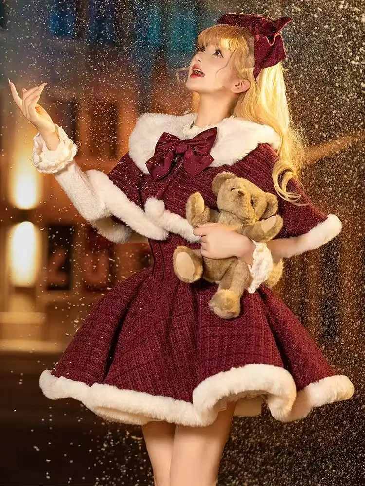

Kawaii Plush Bow Shawl Short Jackets Mini Dress Christmas Princess 3 Piece Set Autumn Winter Sweet Lolita Style Dress Sets Women