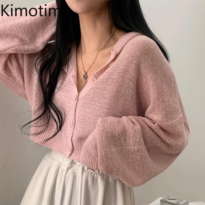 

Kimotimo Solid Hooded Short Knitted Cardigan Women Korean Chic Sweet Versatile Thin Sweater 2025 Autumn Loose Long Sleeve Tops
