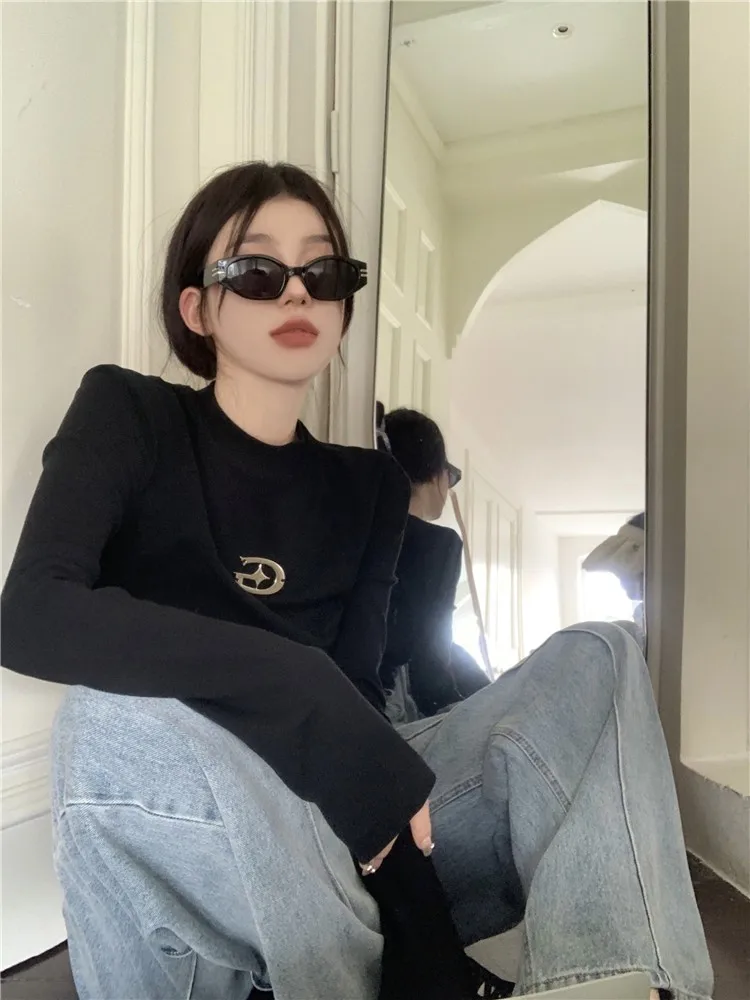 Tonngirls Y2k Black T Shirt Women Clothes Crop Top Long Sleeve Autumn Spring Grunge Aesthetic Slim Skinny Tee Shirt Femme Tops