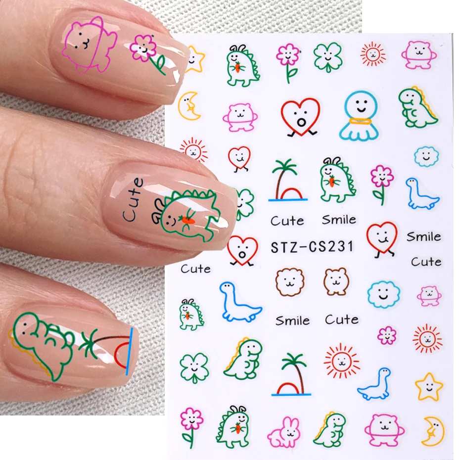 3D Kawaii Dinosaur Nail Stickers Cartoon Anime Animal Self-adhesive Decal Cute Design Sliders Manicure Decoration Accessories