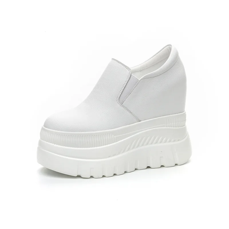 

12cm Synthetic Genuine Women Shoes Casual High Platform Wedge Sneaker Breathable Vulcanize Brand Spring Autumn Leather
