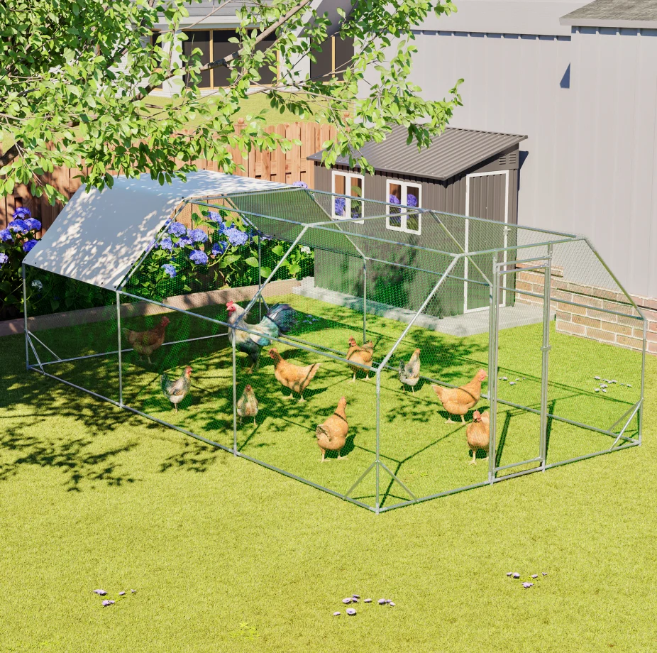 Multi Sizes Flat Top Walk In Metal Chicken Coop, Galvanized Rustproof Poultry Run Cage with Waterproof Anti-UV Cover for Chicken Duck Rabbit
