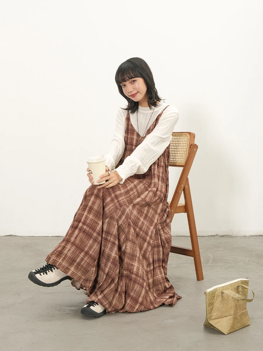 

Inkday Japanese Sle Vintage Plaid Pleated Women's Dr Adjustable Strap Autumn Winter New Arrival Soft Polyester Fiber Ska...