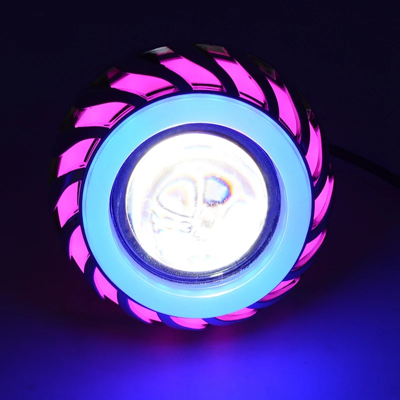 2X 12V Motorcycle Head Light Projector Lens Light With LED Angel Devil Eyes Headlight 30W 1200Lm 200000H(Pink And Blue)