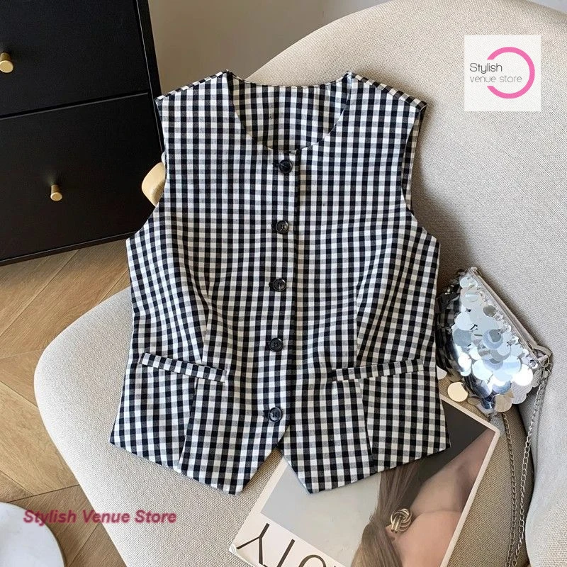 

French-designed plaid back waist-tied blouse women's spring and summer fashion wear retro single-breasted vest short cardigan.