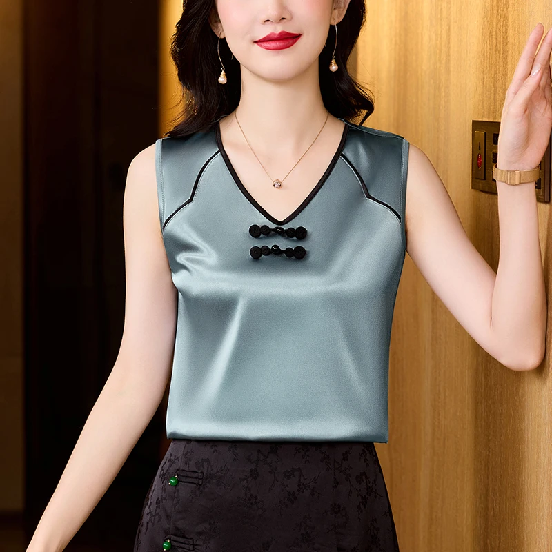 Débardeur en Satin de soie de style chinois pour femmes, gilet sans manches, chemise Patchwork, col carré, Camisole, nouvelle collection 2025