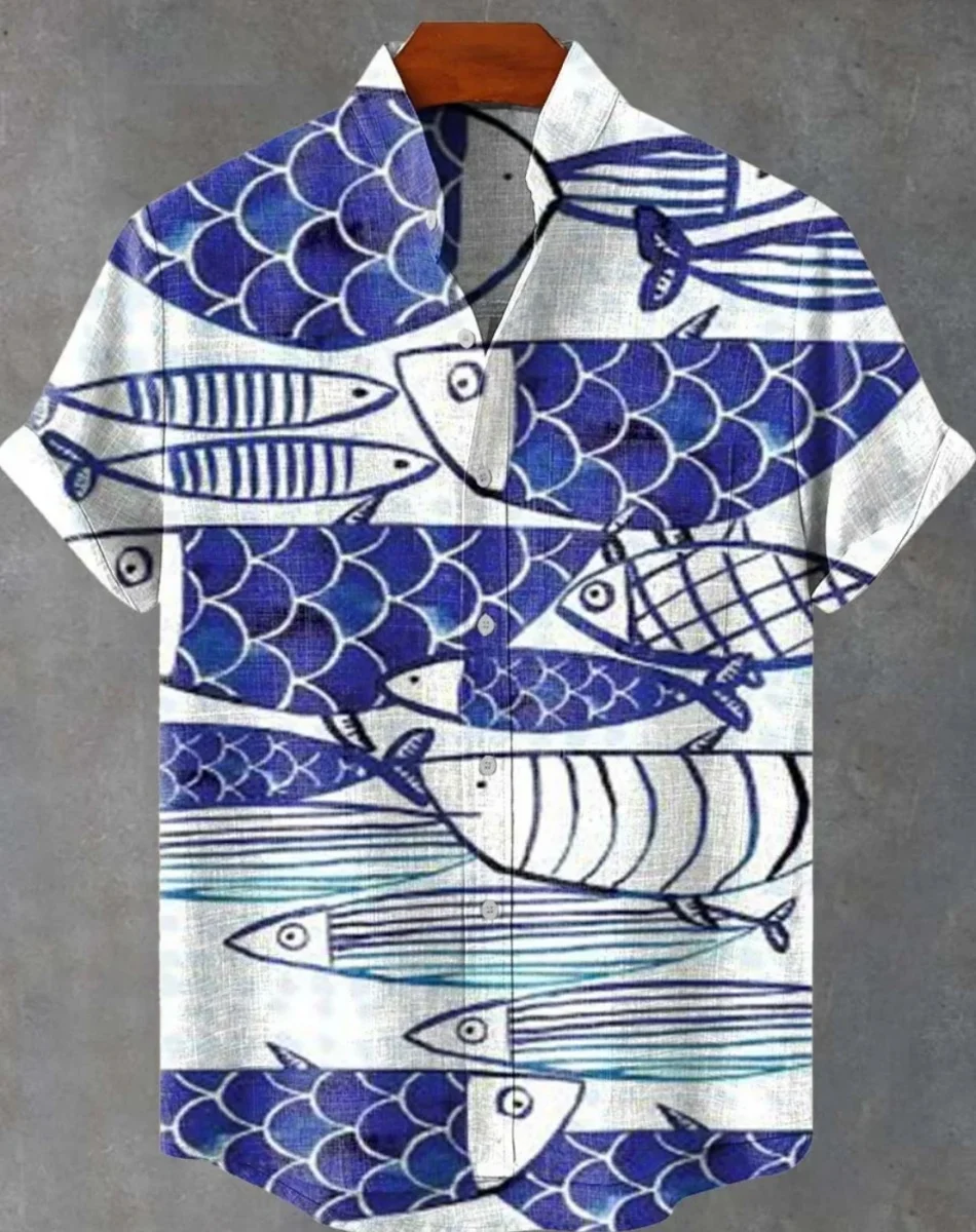 男性用のリネン生地のフィッシュとタコのプリントが施されたカジュアルな半袖シャツ、フェスティバルスタイル、ヴィンテージスタイル、l