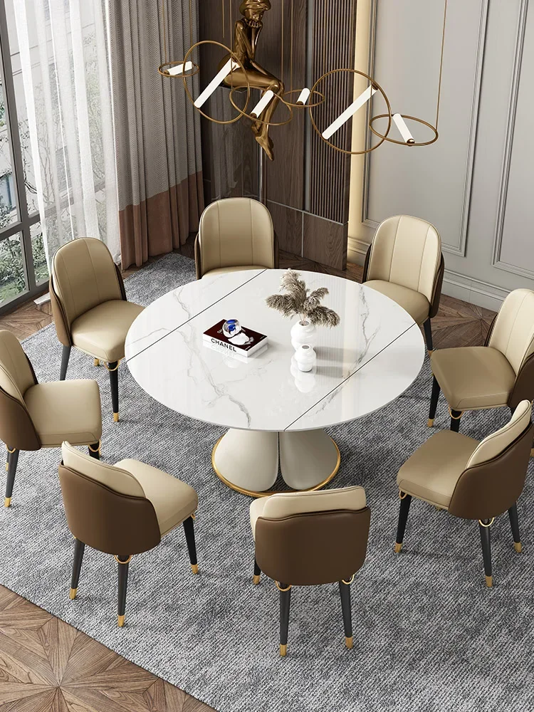 Rotating and stretching rock plate round dining table Italian style light luxury modern simple dining table and chair combinatio