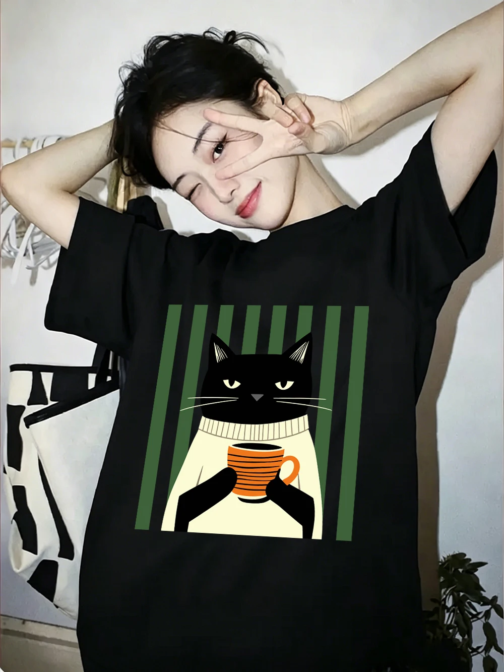 Schwarze Katze Kaffeetassen-Druck Baumwoll-T-Shirts Damen Sommer Oversized Tops Lässige Weiche Kurzarm-T-Shirts Basic O-Ausschnitt Kleidung – Detail 32
