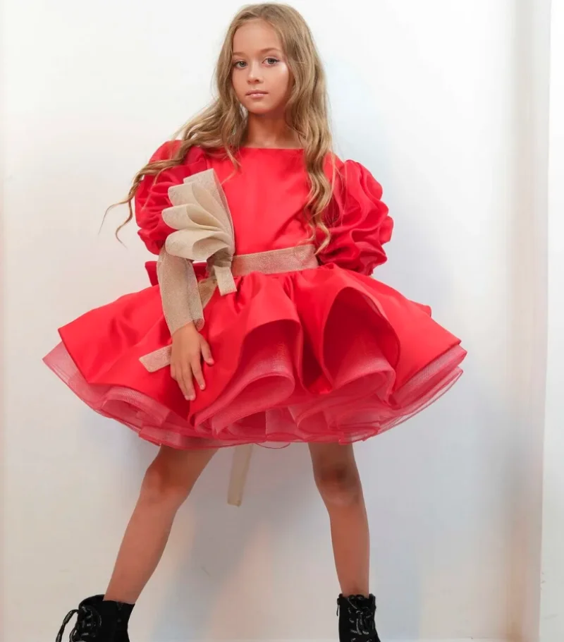 

New Coming Red Flower Girl Dresses for Wedding O Neck Long Sleeves Big Bow Girls Birthday Party Dresses