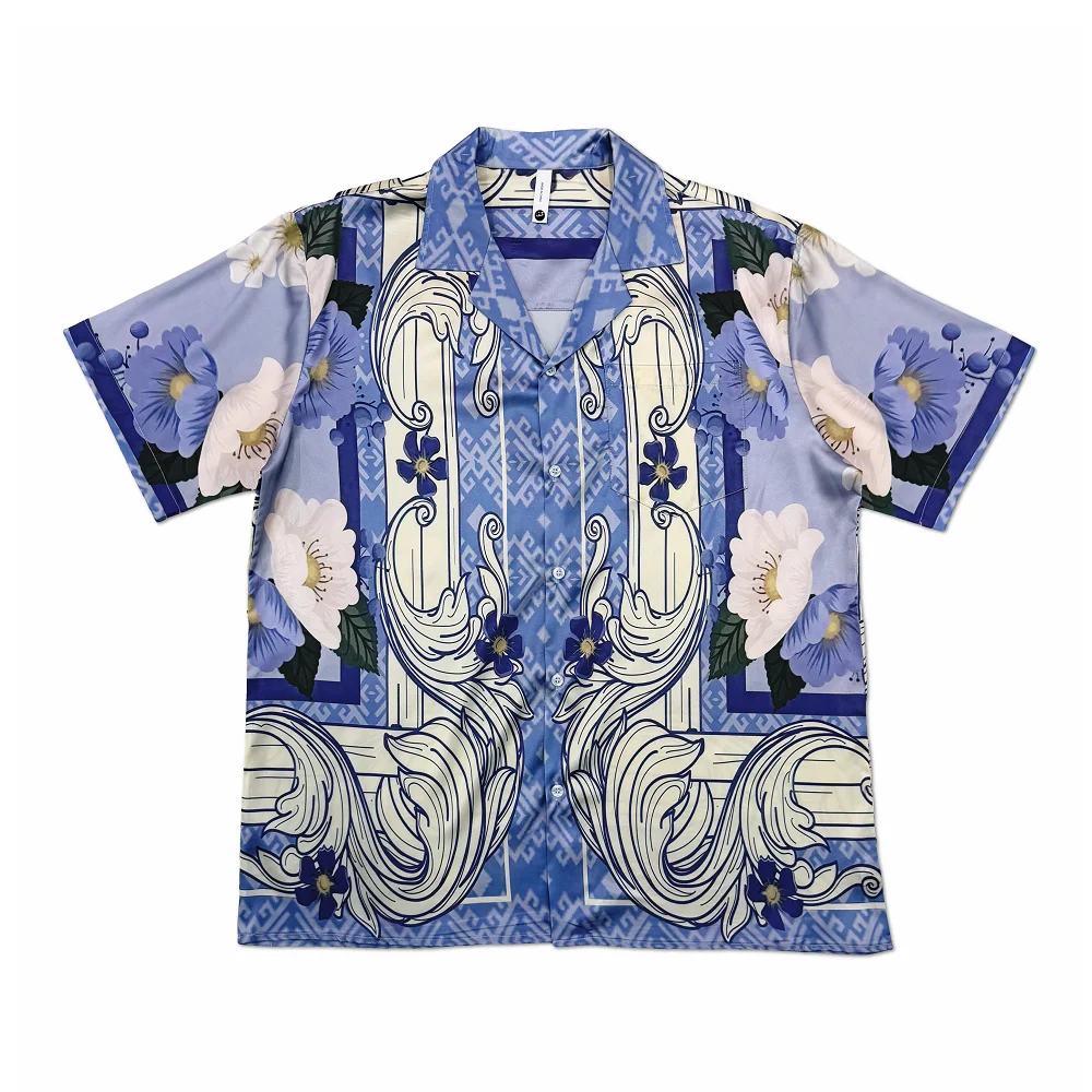 Blue Flower Shirt Men Streetwear European Print Shirt Camisa Floral Masculina Hip Hop Fashion RetroTop Hawaiian Beach Shirts