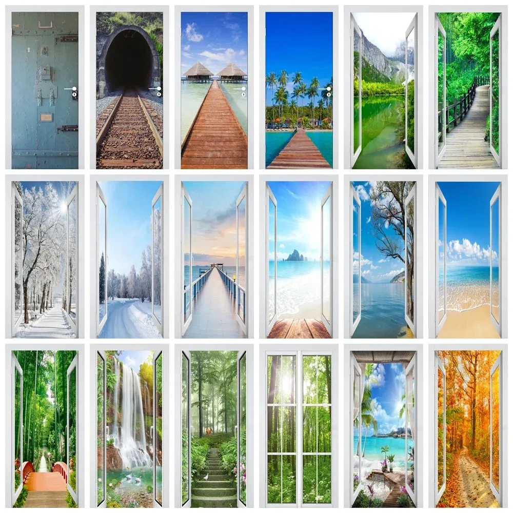 3D Forest Stream Waterfall Door Sticker Nature Green Tree Path Scenery Removable Self Adhesive Wallpaper Home Decor