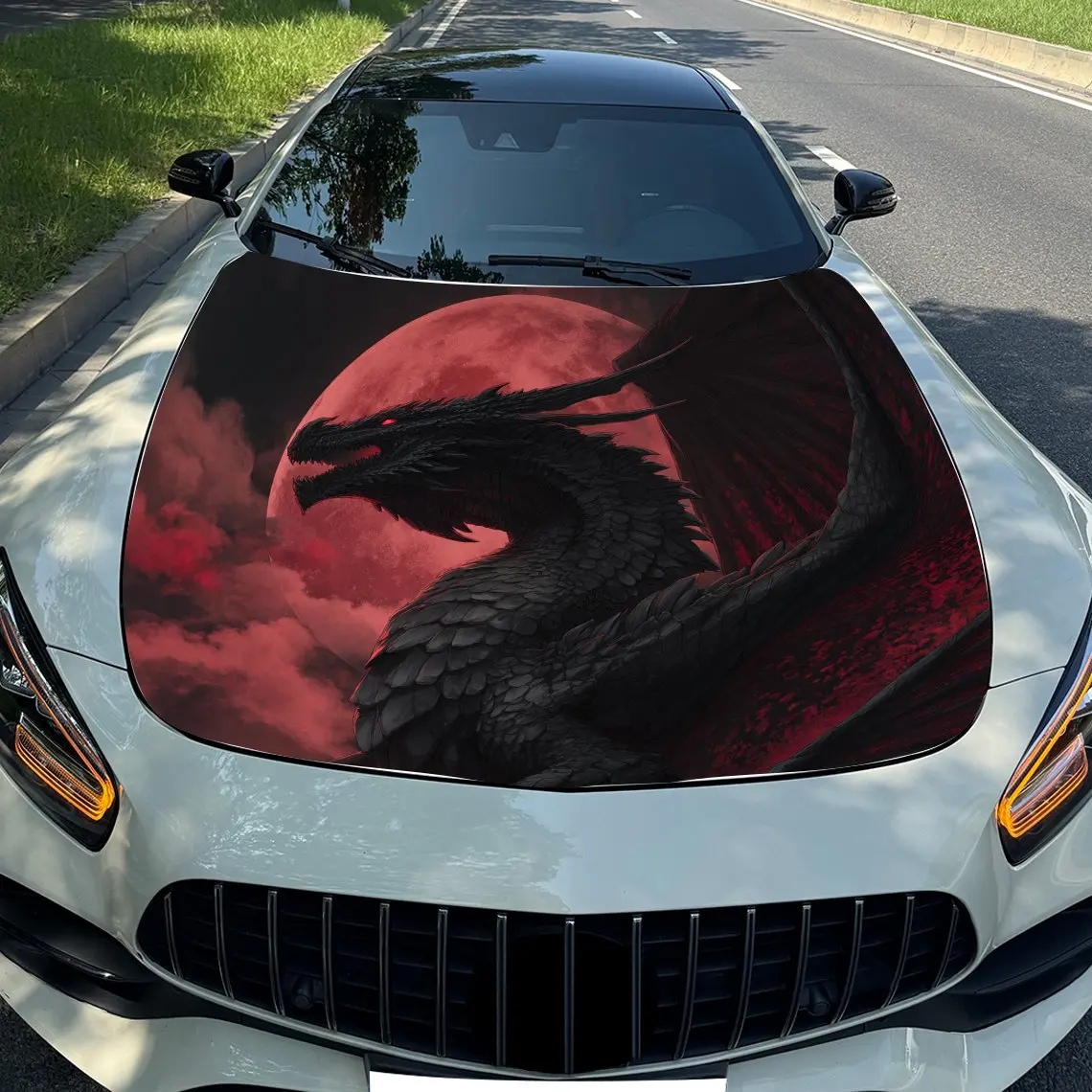 

Red Moon Dragon Car Hood Stickers, Decorative Scratch Stickers For Car Parts And Accessories, Vinyl Printed Animal Stickers As G