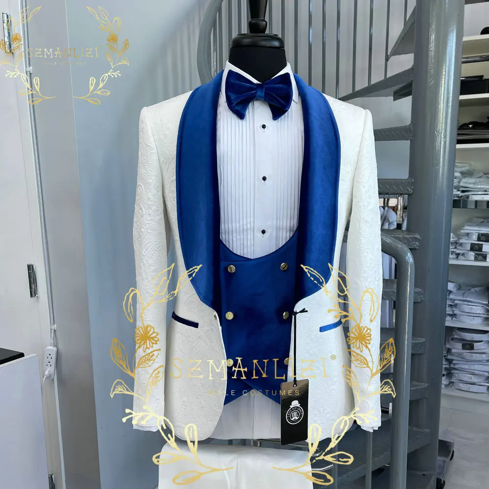 

Terno Masculino Completo 3 Piece Costume Homme White Floral Blazer Set Blue Shawl Lapel Elegant Formal Wedding Suit Groom Tuxedo