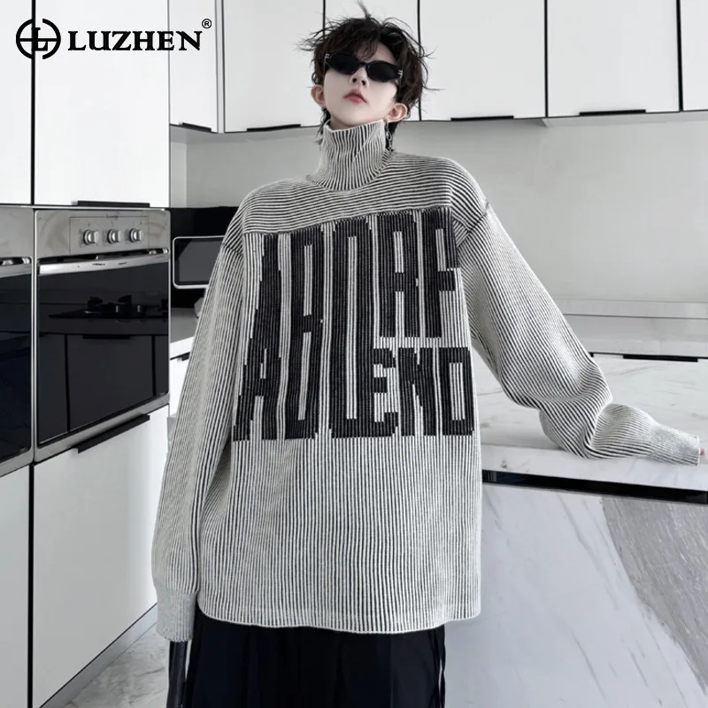 

LUZHEN Stand Up Collar Striped Letter Jacquard Knitted Thick Sweater Pullovers Casual Simplicity Youth 2024 Tops Male LZ6052