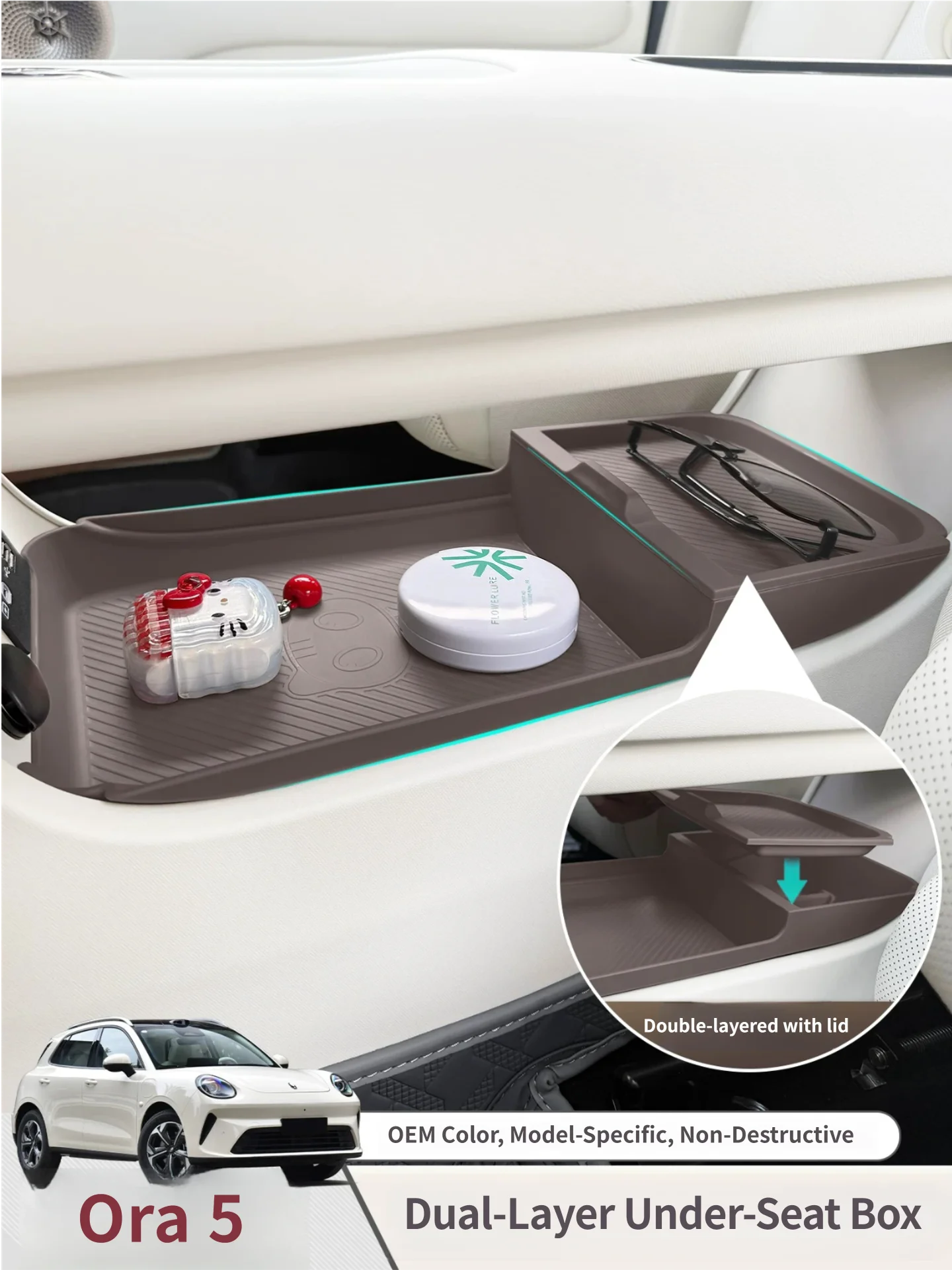 For GWM Ora 5 2025 2026 2027 Center Console Lower Divided Storage Box Upgraded Armrest Organizer Car Interior Accessories