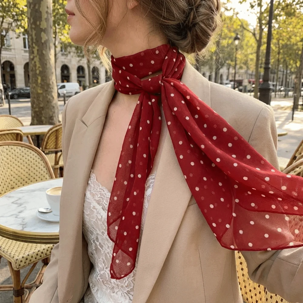 

New Red Color Korean Style Scarf Polka Dot Pattern Trendy Long Scarf Polka Dot Scarf Women Fashion