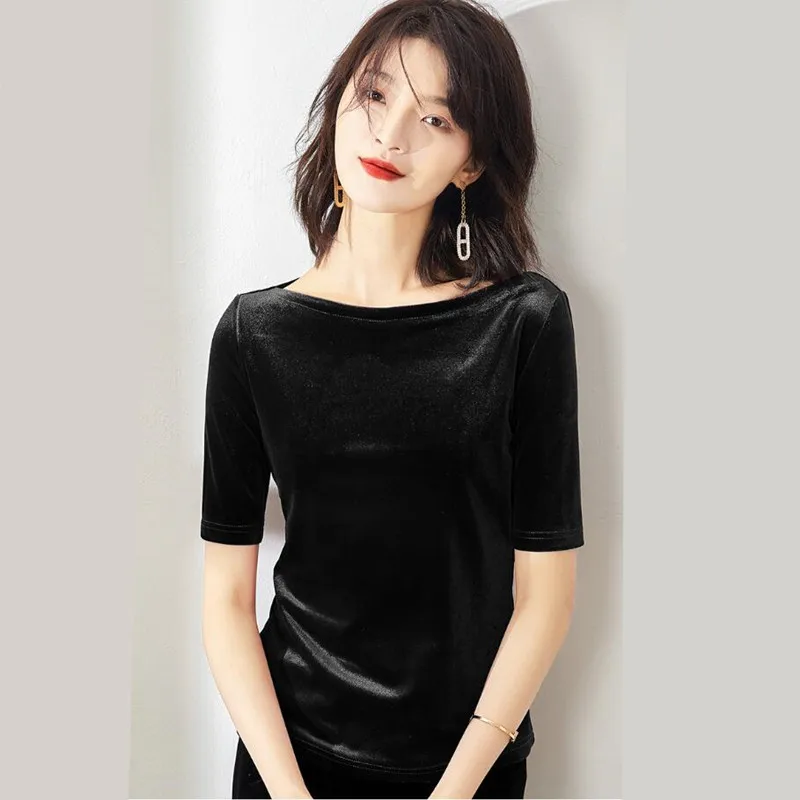 Camiseta de terciopelo de media manga con cuello oblicuo de estilo coreano para mujer de verano y otoño, camisa de terciopelo de talla grande para oficina para mujer