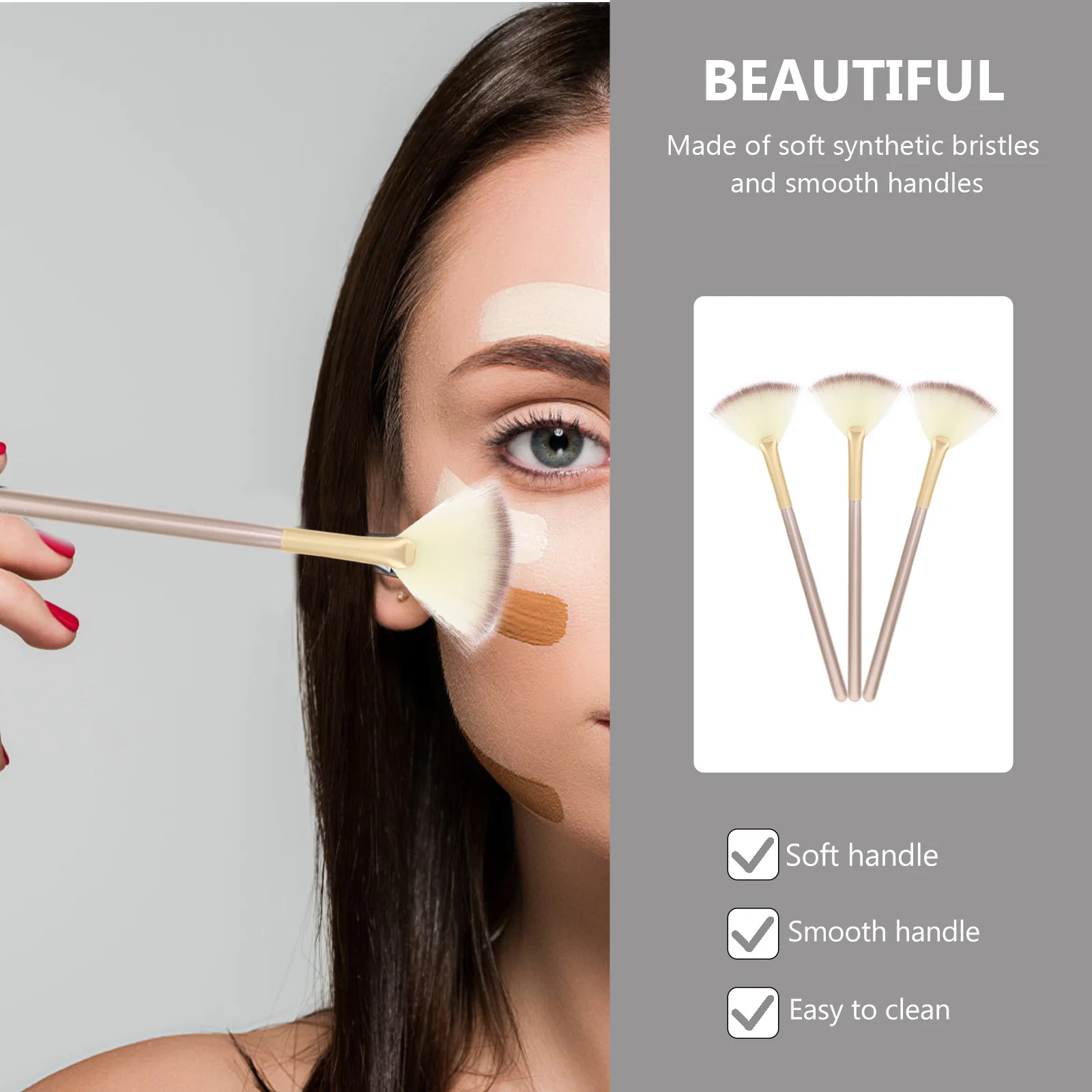 مجموعة فرش مكياج ممتازة مكونة من 3 قطع تتضمن مجموعة فرش أحمر الخدود على شكل مروحة لتطبيق الوجه الناعم للارتداء اليومي