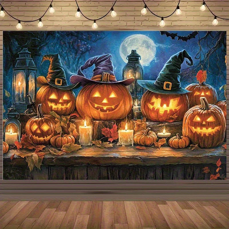 Ein Hintergrundstoff für die Halloween-Feier, mit einer magischen Szene, die Kürbisse, Hexenhüte und Mondlicht darstellt.