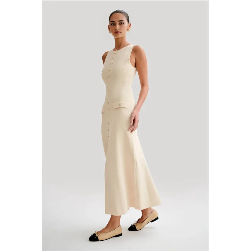 ABP-robe longue en tricot pour femmes, sans manches, simple boutonnage, fente, col rond, pull, moulante, été