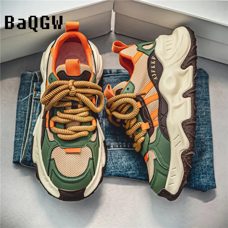 Chunky Sneakers Men Soft Sole Running Shoes Fashion Casual Leather Color Block Design Breathable Height Increased Platform Shoes