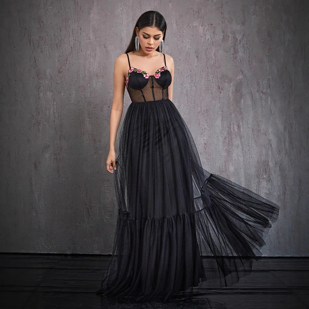 Czarna sukienka na ramiączkach, nowa, dopasowana, prześwitująca, seksowna sukienka wieczorowa dla kobiet, sukienka letnia 2025, elegancka sukienka damska, robe, vestido.