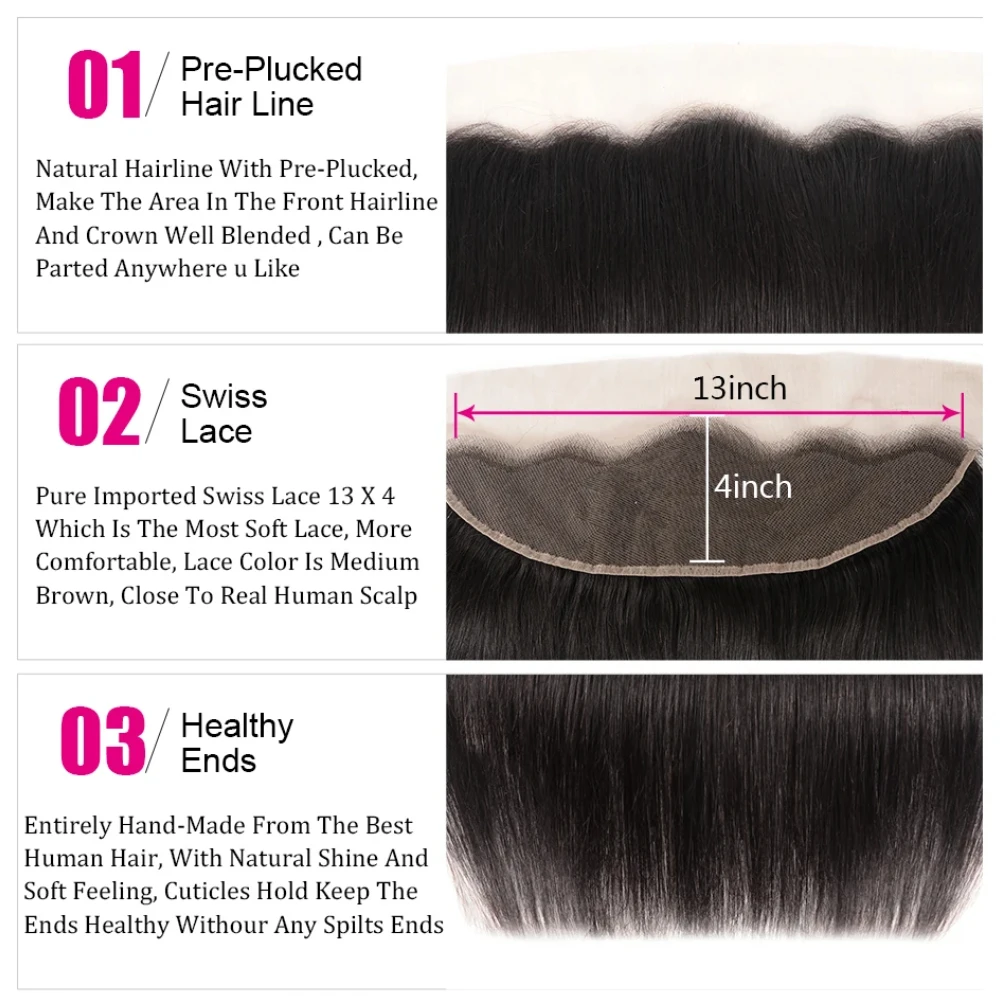 Unice-Straight Pacotes de cabelo humano, 13x4 Lace Frontal, Parte livre, 100% cabelo humano, negócio, 3pcs