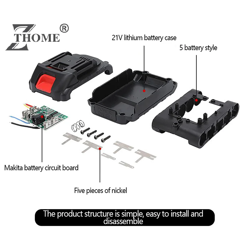 21V DC Lithium Battery Shell Lithium-ion Battery Charging Protection Board 5 Batteries Housing Bracket