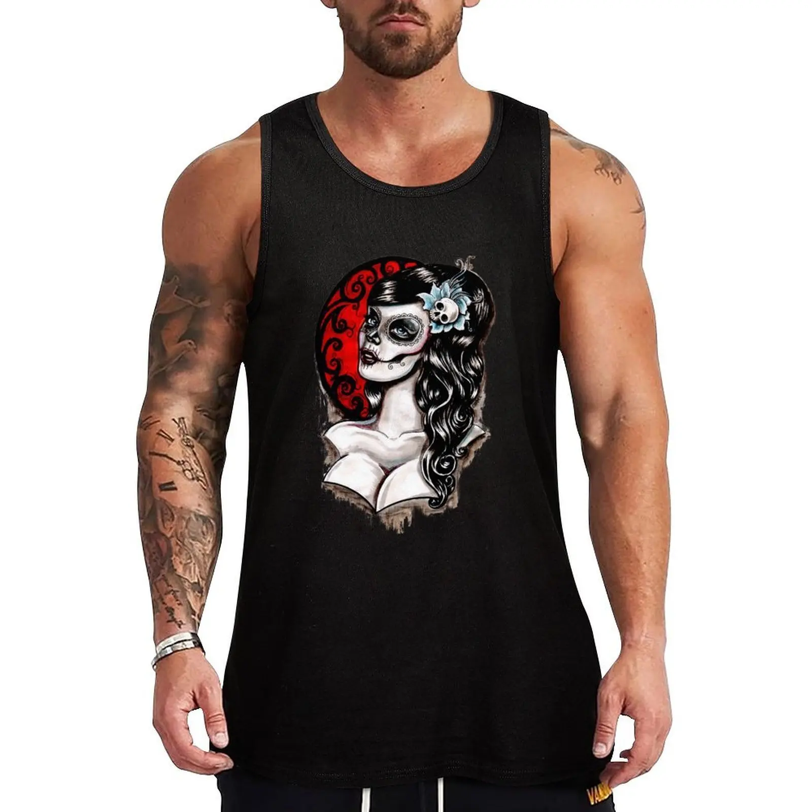 Day of the dead pinup tattoo Tank Top Logo Free Print Tank Top Casual Graphic Sleeveless