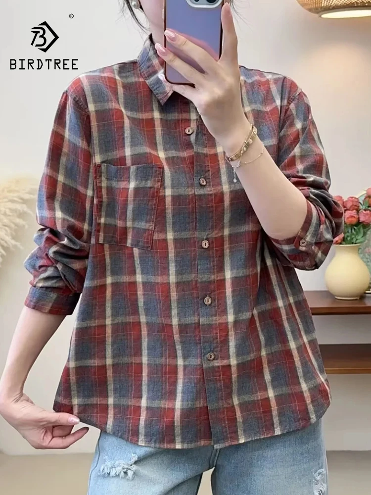 

New Summer Cotton Long Sleeve Shirt Lapel Plaid Vintage Tops Mori Girl Casual Loose Office Lady OL Blouse 2024 Autumn T47411QC