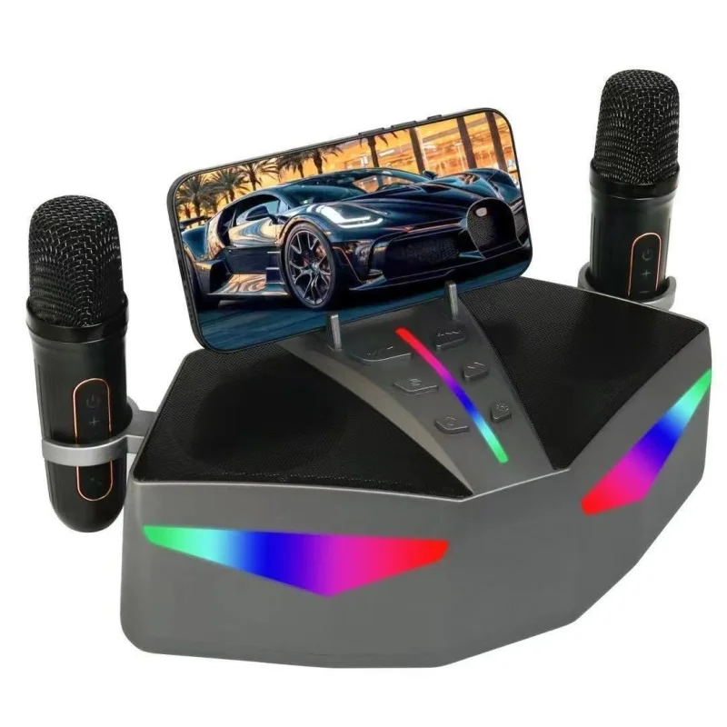 

Home desktop karaoke machine wireless Bluetooth speaker with wireless dual microphone RGB color lights supporting USB/TF card